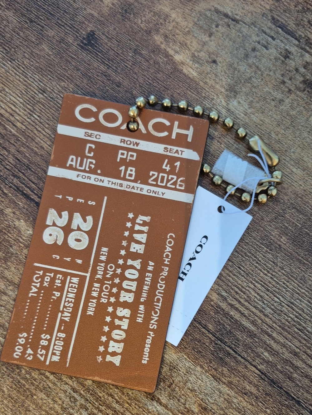 Coach Tan Leather Ticket Charm Key Holder with Gold Bead Chain